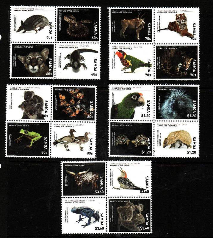 Samoa-Sc#1248-52-five Unused NH blocks-Animals-Frogs-Woodpecker-Birds-Parrots-20