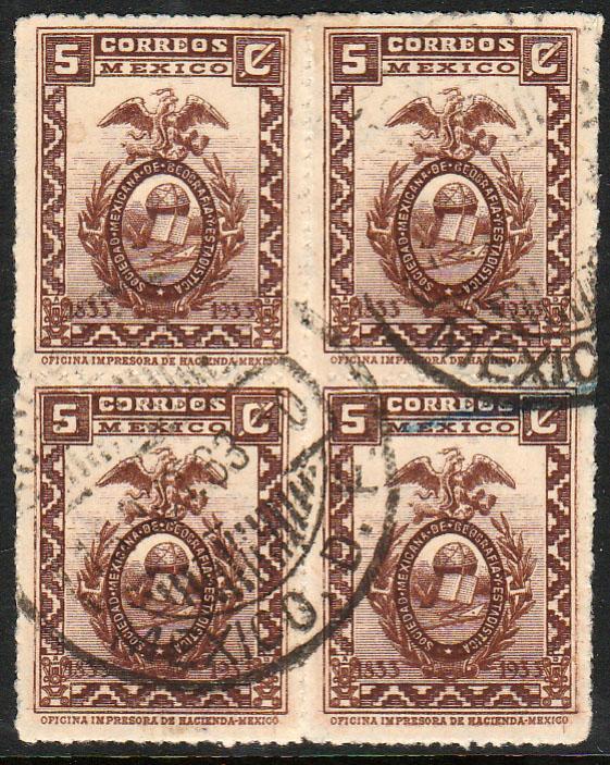 MEXICO 685, 5c GEOGRAPHY AND STATISTICS SOCIETY. BLOCK OF FOUR. USED. F-VF. (42)