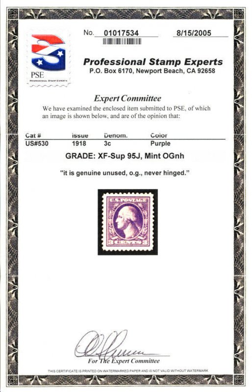 MALACK 530 XF-SUPERB JUMBO OG NH, w/PSE (GRADED 95-J..MORE.. gg1308