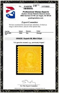 U.S. Scott # 603, 1924, 10¢, Monroe , PSE Cert, Superb 98, Mint, OGph
