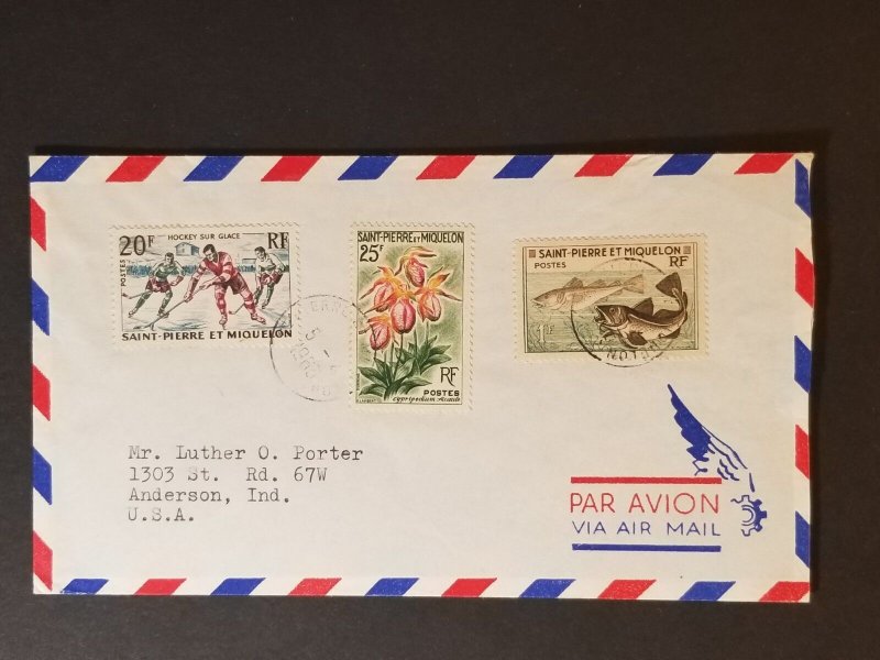 1983 St Pierre and Miquelon French Colony to Anderson Indiana USA Air Mail Cover