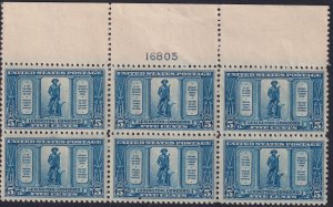 U.S. Sc# 619 Lexington Concord 1925 5¢ plate number 16805 block MNH CV $275.00