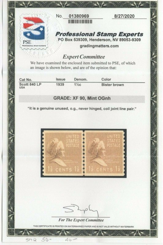 #840 Pair - GP Graded XF 90 Mint NH OG w/PSE Cert. SMQ. $50 (JH 9/17) 