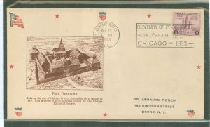 US 729 1933 3c Century of Progress (proposed Federal building) single on an addressed first day cover with an unknown cachet.