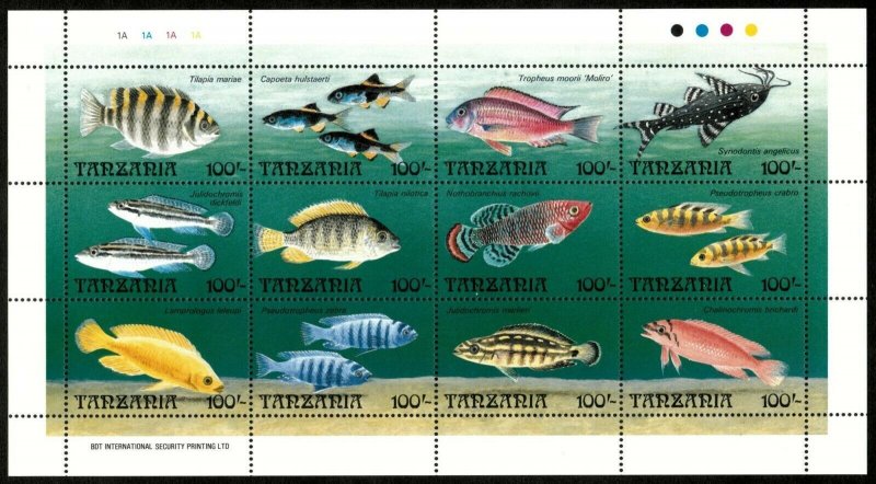 Tanzania 1992 - African Native Fish - Sheet of 12 Stamps - Scott 893 - MNH