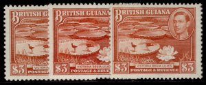 BRITISH GUIANA GVI SG319 + 319a +  319b, $3 SHADE VARIETIES, LH MINT. Cat £142.