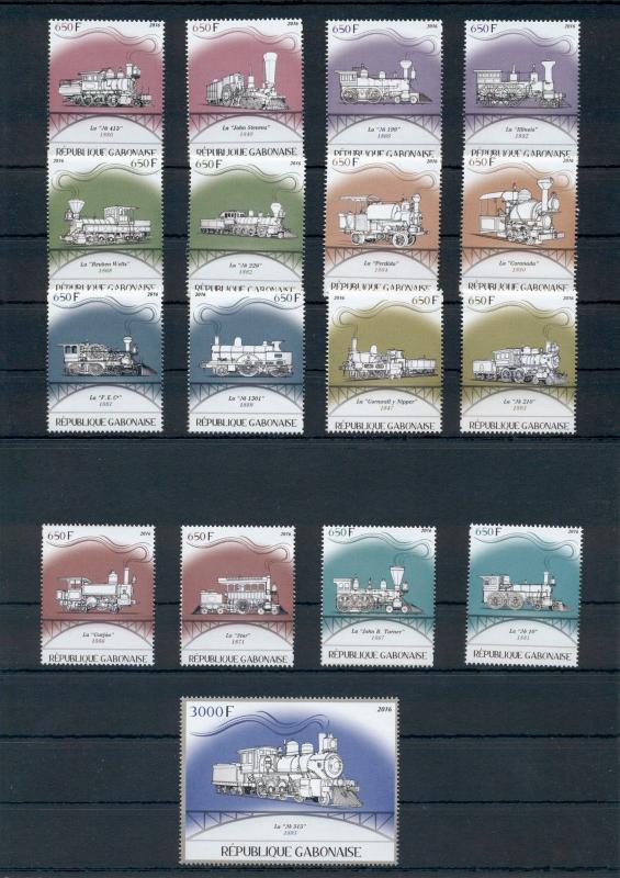 Trains Locomotives Railroads Transport Gabon 17 MNH stamps set