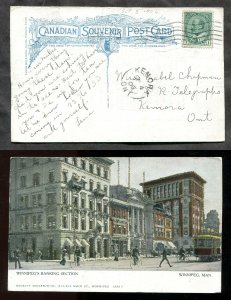 780 - KENORA Ontario Split Ring on 1906 WINNIPEG Banking Section Postcard. Tram