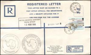 1988 BRITISH ANTARCTIC TERRITORY ROTHEA REGISTERED LETTER + STAMP