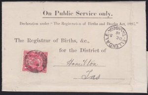 TASMANIA 1916 Birth notice ELLENDALE cds to Hamilton T perfin GV 1d red....B1771