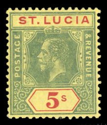 St. Lucia #72 Cat$26.50, 1912 5sh green and red, lightly hinged