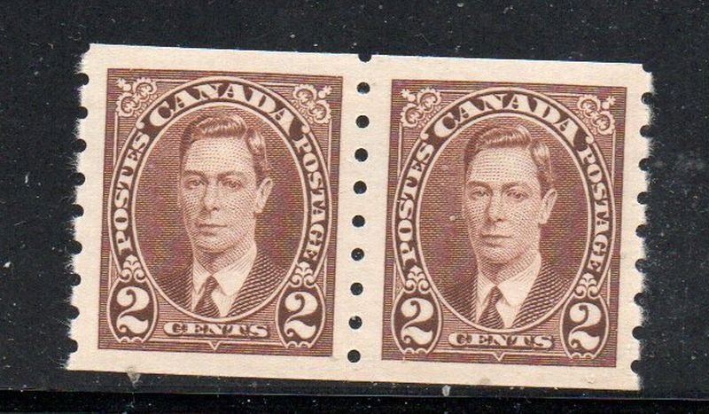 Canada Sc 239 1937 2 c George VI brown coil stamp pair mint NH