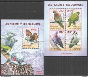 IC18 2014 IVORY COAST AFRICAN FAUNA BIRDS PIGEONS & DOVES #1534-7+BL194 MNH