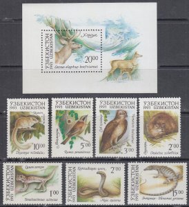 UZBEKISTAN Sc # 7-14 CPL MNH SET of 7 + S/S - VARIOUS WILDLIFE