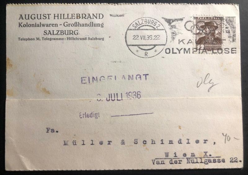 1936 Salzburg Austria Typewriter Postcard Cover To Vienna Olympic Cancel