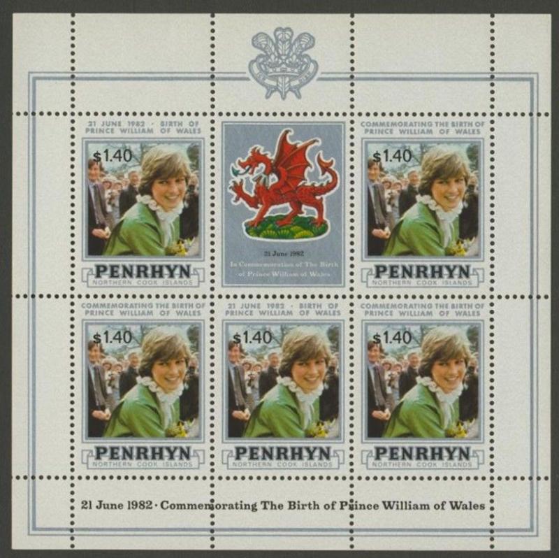 Penrhyn Island 200-4 sheet MNH Princess Diana 21st Birthday, Royal Baby o/p