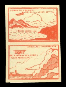 COLOMBIA 1920 AIRMAIL - Plane & Mountains 10c vermilion Sc# C11Cl+C11Dm setenant