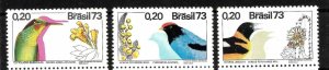 BRAZIL 1973 TROPICAL BIRDS AND PLANTS SET OF 3 VALUES BIRDS MINT NH