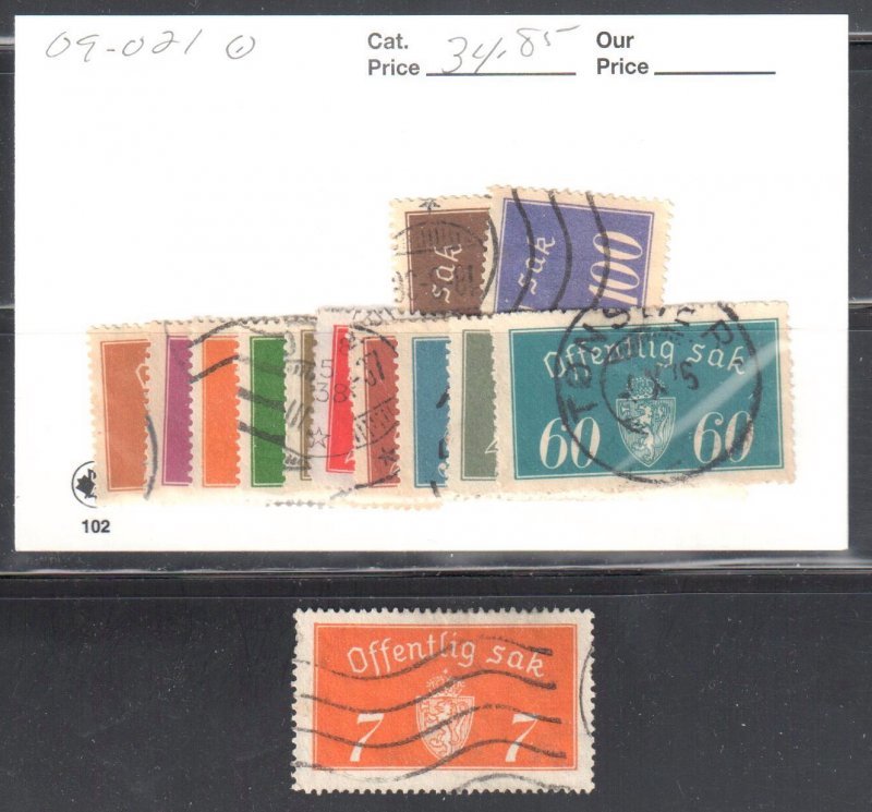 Norway #O9 to O 21, O11a All Used