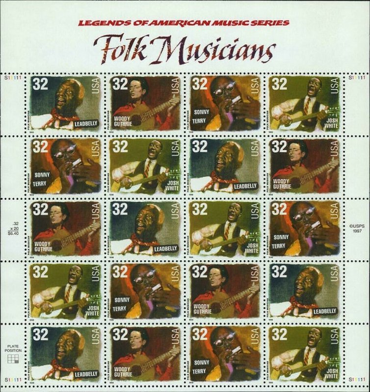 Folk Musicians - Sheet of Twenty 32 Cent Postage Stamps Scott 3212-15 