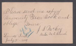 **US 19th Century Postal Stationery Cover, SC# Ux9 Lima, IN, 7/31/1889 CDS, DPO4