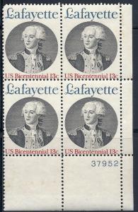 US#1716  - 13c Plate Block of 4 -  Lafayette CV $1.35