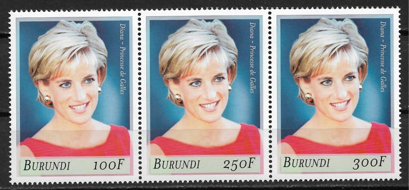 1999 Burundi 756a-c Diana. Princess of Wales MNH strip of 3