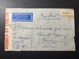 1941 Censored Registered Kuwait Airmail Cover Persian Gulf to Bombay India