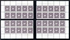 J20, Scott, 10c, VF, matched plate block of 10 set, P1, 4th issue, MNHOG