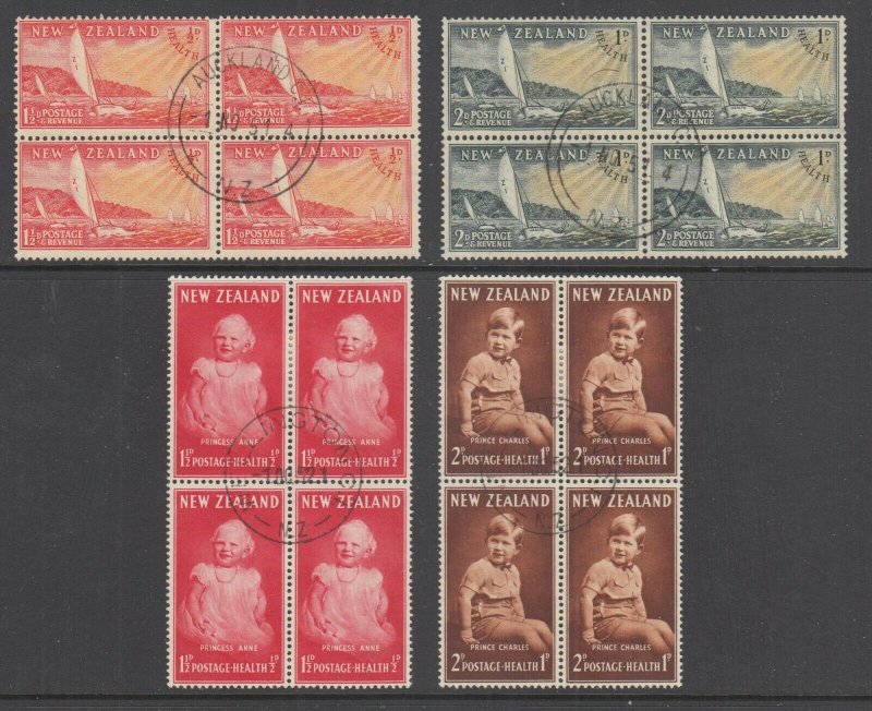 New Zealand Sc B38-B41 used blocks of 4. 1951-52 Semi-Postals, 2 complete sets