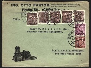 Czechoslovakia 1931 Neat engineering form's illus cover Prague to Detroit fran