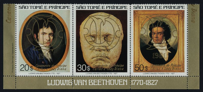 St Thomas & Principe 617 MNH Beethoven, Charles & Diana Wedding, Gold o/p