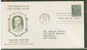 US 828 1938 24c Benjamin Harrison (presidential/prexy series) single on an addressed (typed) first day cover with a Hux cut cach