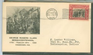 US 651 1929 2c George Rogers Clark (Vincennes, IN) single on a wringled, addressed (typed) FDC with a Johnson Williams (First) c