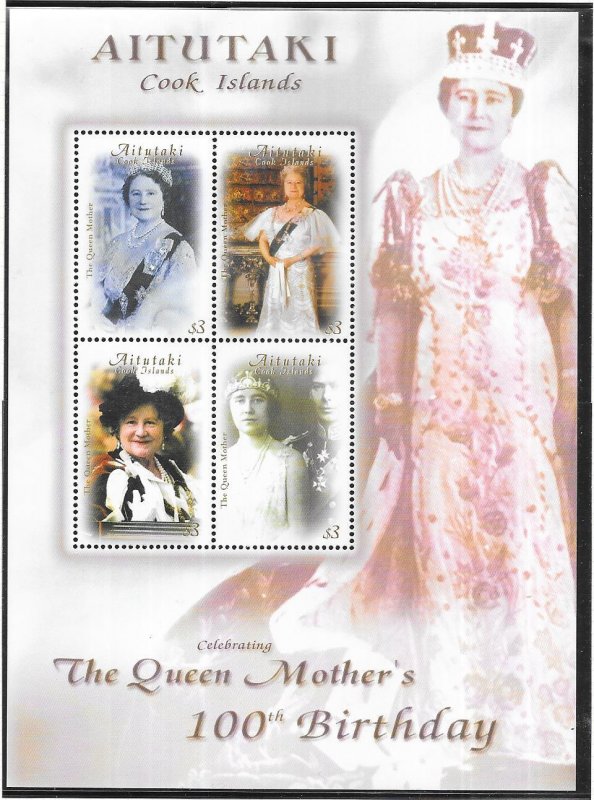 Aitutaki -Cook Islands #529 Queen Mothers 100th Birthday Sheet (MNH) CV $11.00