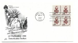 1594 12c Liberty Torch, Americana, ArtCraft block of 4 FDC