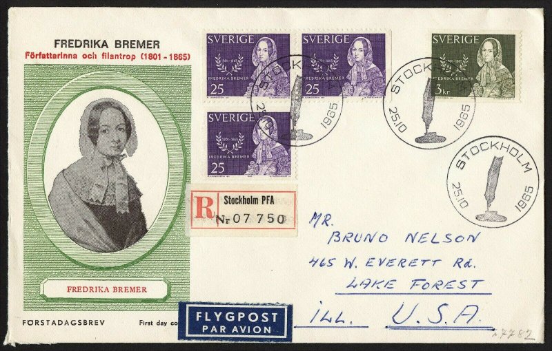 wc058 Sweden Fredrika Bremer Oct. 25, 1965 FDC first day cover registered to USA