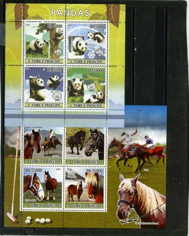 ST.THOMAS & PRINCE ISLANDS 2008 HORSES & PANDAS  2 SHEETS OF 4 STAMPS MNH 