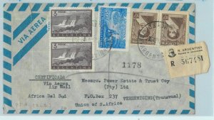 96811 - ARGENTINA - POSTAL HISTORY - Registered COVER to SOUTH AFRICA  1957