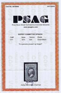 SC# O71 ORIGINAL GUM HINGED $20 DEPT STATE OFFICIAL STAMP, 1873, 2018 PSAG CERT