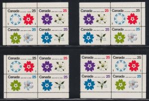 Canada Uni 511b MNH. 19701 25c EXPO '70, matched sheet corner blocks W2B tagging