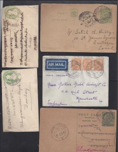 INDIA 1930's KING GEORGE VI 5 COVERS & CARD DIFFERENT TOWNS & CANCELS