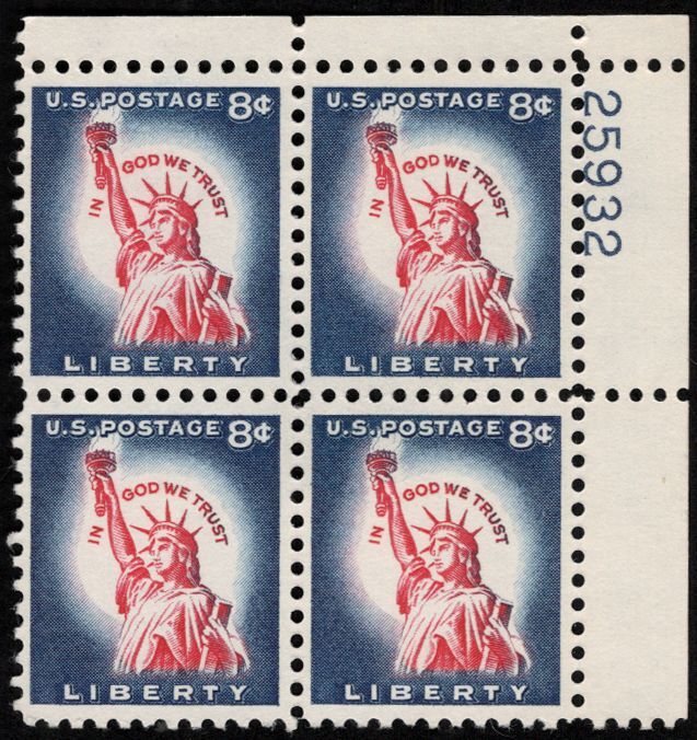 US #1042 PLATE BLOCK 8c Statue of Liberty, Redrawn, VF/XF mint never ...