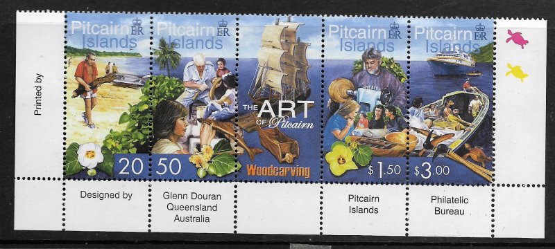 PITCAIRN ISLANDS, 547, MNH, STRIP OF 4 + LABEL , WOODCARVING