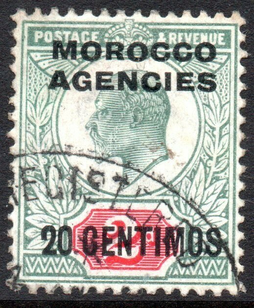 1907 Sg 115 Morocco Agencies 20c on 2d pale grey-green and carmine-red Fine Used