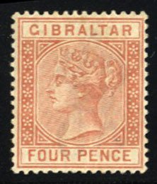 Gibraltar #16 Cat$90, 1886 4p orange brown, slightly disturbed original gum