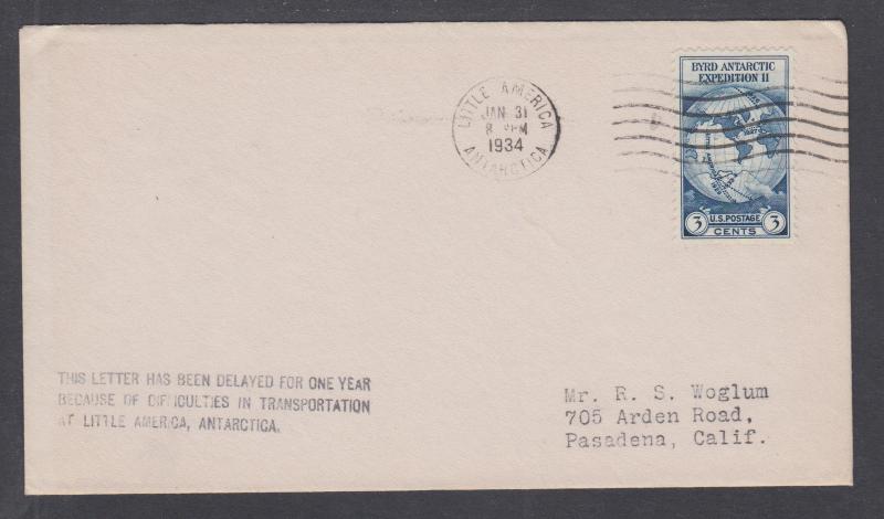 US Sc 733 used on 1934 Little America Cover, Delayed 1 Year handstamp Antarctica