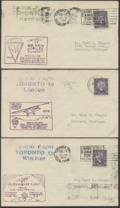 1928 Canada Lot of 3 CNE Special Flight Covers to Hamilton London Windsor #2839d