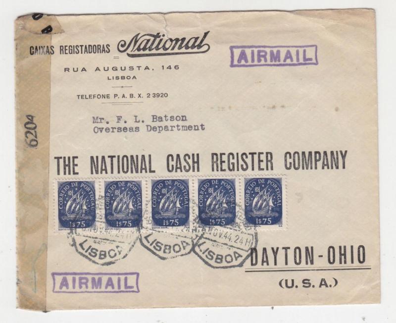 PORTUGAL, 1944 Aimail Censored cover, 1e.75(5), Lisbon to NCR, Dayton, Ohio, USA