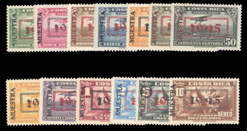 Costa Rica #C104-116s, 1945 Overprints, complete set, overprinted Muestra, ...